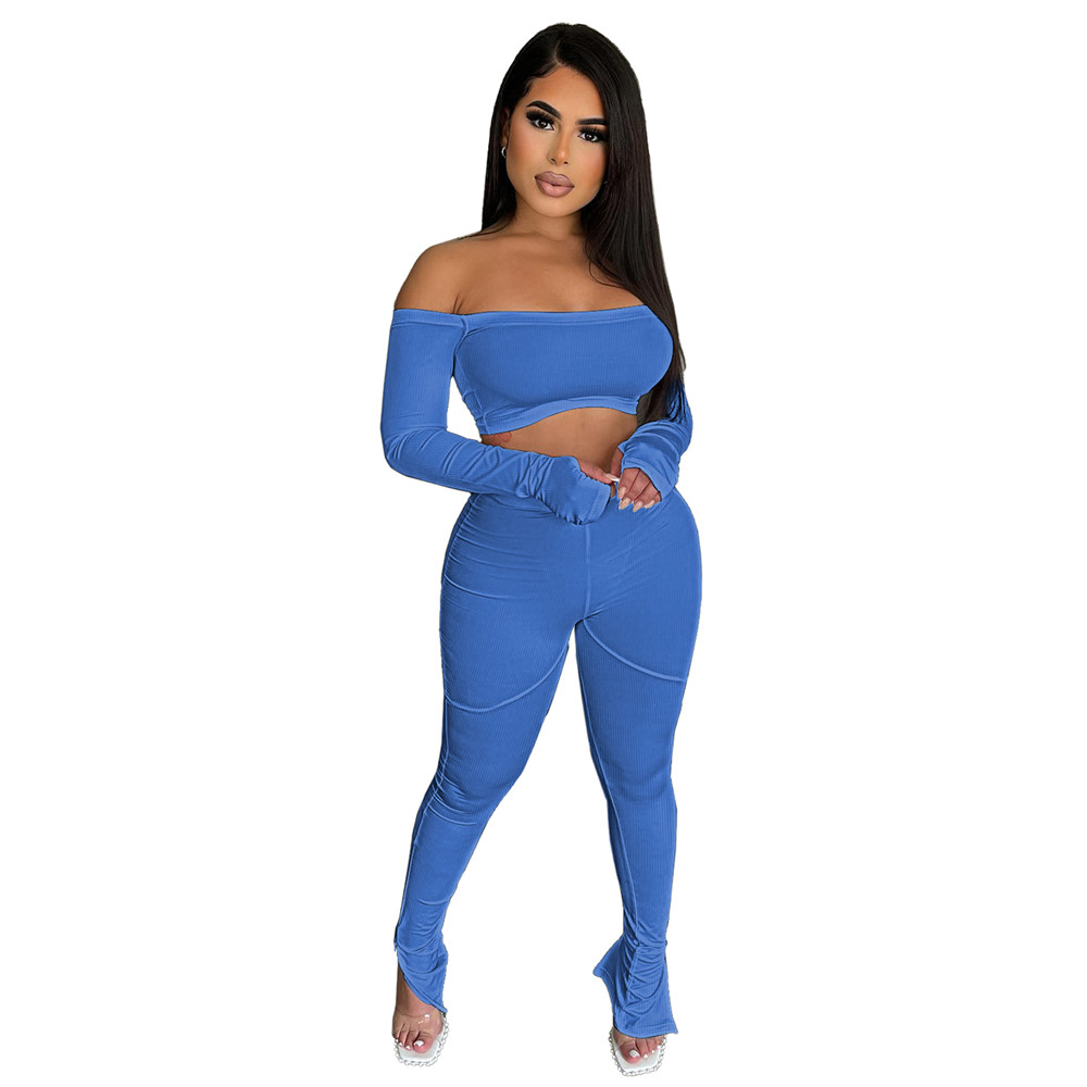 Wholesale Tracksuits Women Two Piece Sets Fall Winter Ribbed Outfits Long Sleeve Slash Neck Pullover Crop Top and Pants Matching Sets Casual Solid Spo