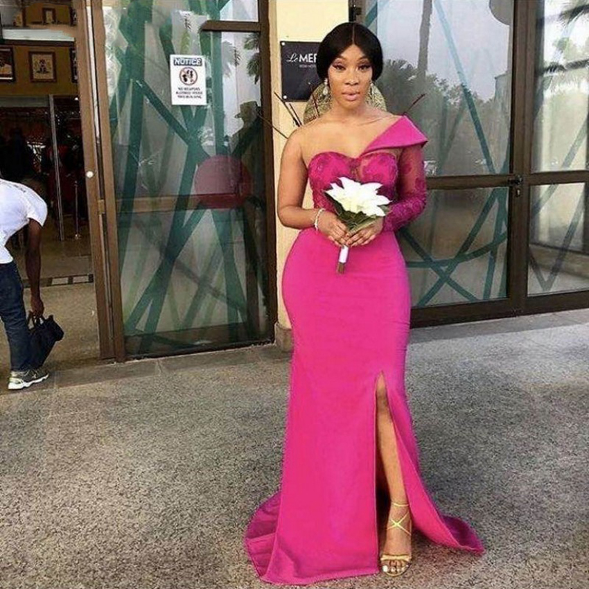 Sexy Bridesmaid Dresses One Shoulder Floor Length Sweep Train Side Slit Silk Satin Lace Wedding Party Bridemaid Dresses