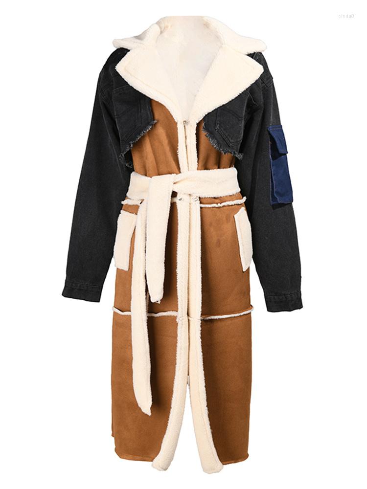 Women's Trench Coats Women's Woolen Coat Lapel Long Sleeve Loose Lace Up Waist Denim Patchwork Over Female Winter