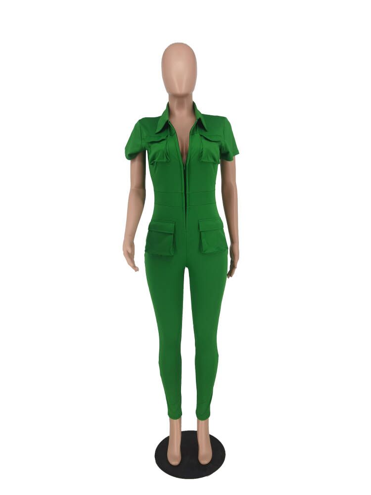 Wholesale Jumpsuits Women Short Sleeve Rompers Spring Summer Clothes Casual Solid Zipper Jumpsuits One Piece Overalls Solid Cargo Pants Bulk Items 833