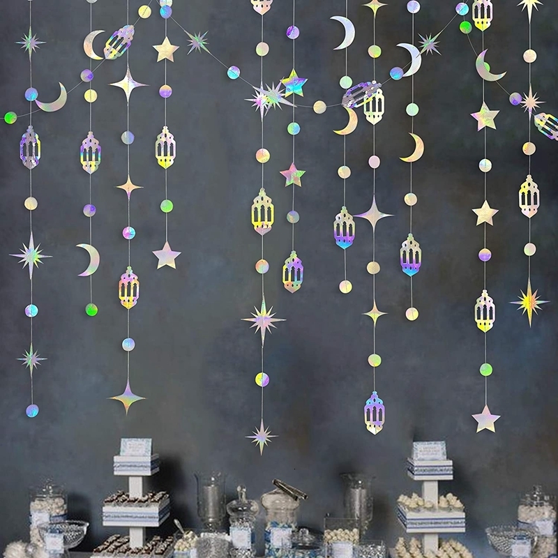 Banner Flags 13Ft Iridescent Ramadan EID Mubarak Decorations Hanging Star Moon Lamp Garlands Home Decor Birthday Party 230105
Banner Flags 13Ft Iridescent Ramadan EID Mubarak Decorations Hanging Star Moon Lamp Garlands Home Decor Birthday Party 230105