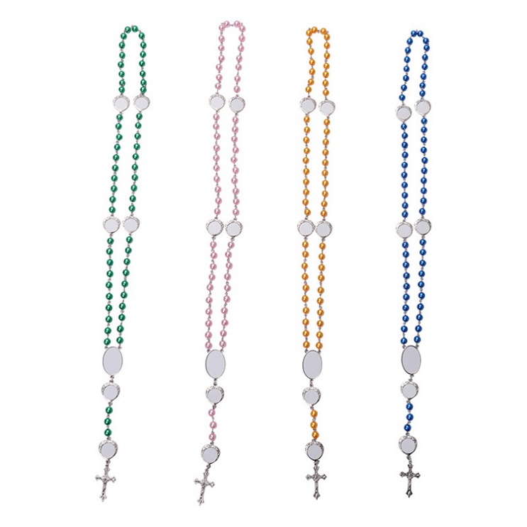 4 colors Sublimation necklace Heat Transfer Pendant Rosary bead Necklace Cross Jesus Metal Pendants for DIY