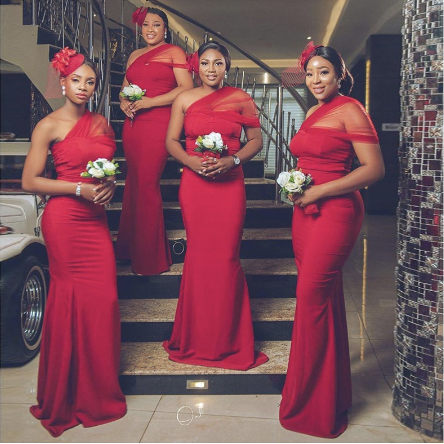 Elegant African Mermaid Bridesmaid Dresses One Shoulder Red Long Wedding Party Dress Customize Vestido De Fiesta De Boda