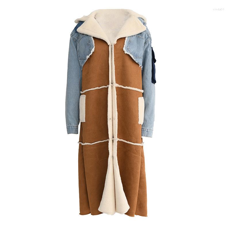 Women's Trench Coats Women's Woolen Coat Lapel Long Sleeve Loose Lace Up Waist Denim Patchwork Over Female Winter