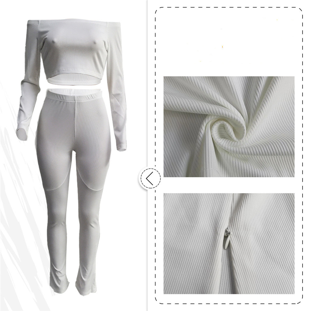 Wholesale Tracksuits Women Two Piece Sets Fall Winter Ribbed Outfits Long Sleeve Slash Neck Pullover Crop Top and Pants Matching Sets Casual Solid Spo