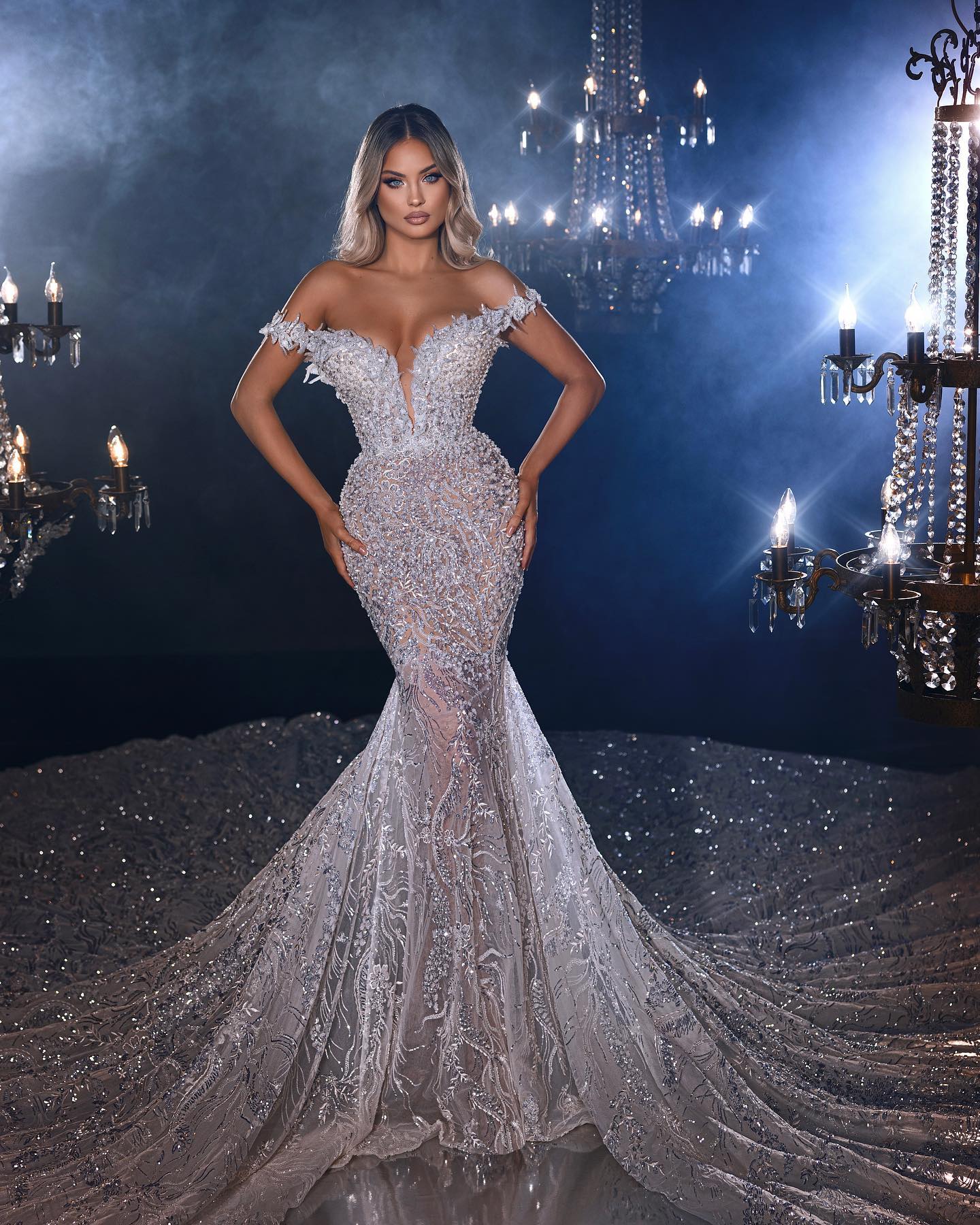 Off Shoulder Illusion Lace Mermaid Wedding Dress Short Sleeves Appliques Beading Wedding Gowns Custom Made Sexy Bridal Dresses