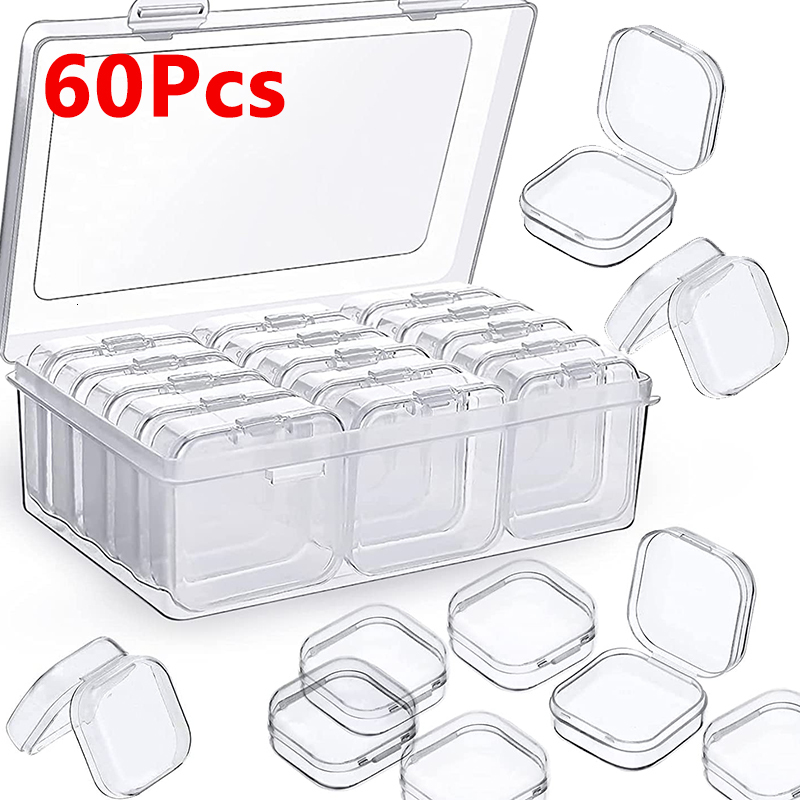 Jewelry Stand 60Pcs Mini Storage Box Transparent Square Plastic Earrings Packaging Small Organizer 230105
