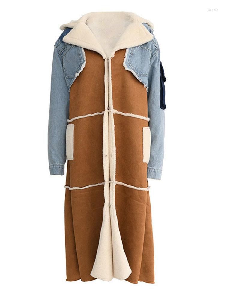 Women's Trench Coats Women's Woolen Coat Lapel Long Sleeve Loose Lace Up Waist Denim Patchwork Over Female Winter