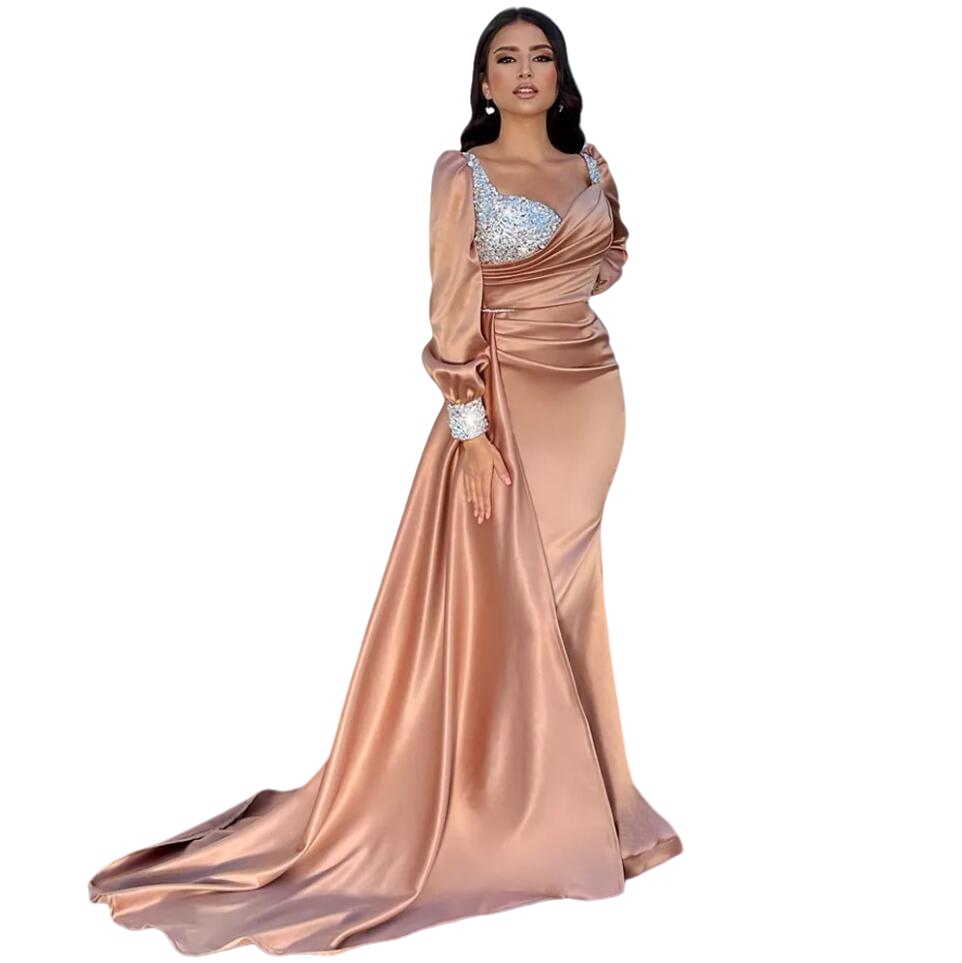 Crystal Top Mermaid Prom Dresses Sweetheart Long Sleeve Formal Gown with Detachable Train Ruched Satin Evening Dress For Arabic Dubai Females