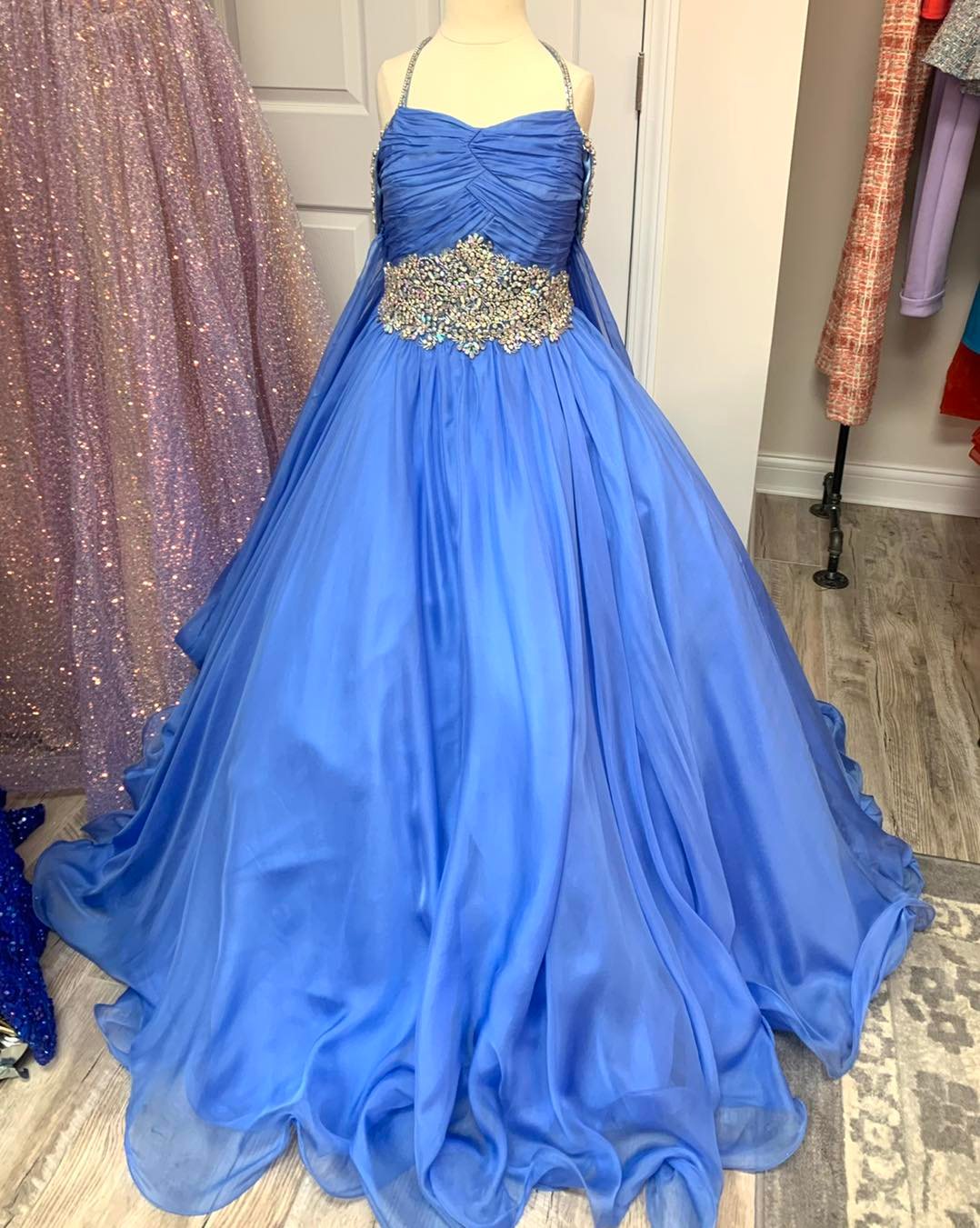 Periwinkle Girl Pageant Dress 2023 Off-Shoulder Cape Crystals Chiffon Little Kid Birthday Formal Party Gown Infant Toddler Teens Preteen Tiny Young Ju