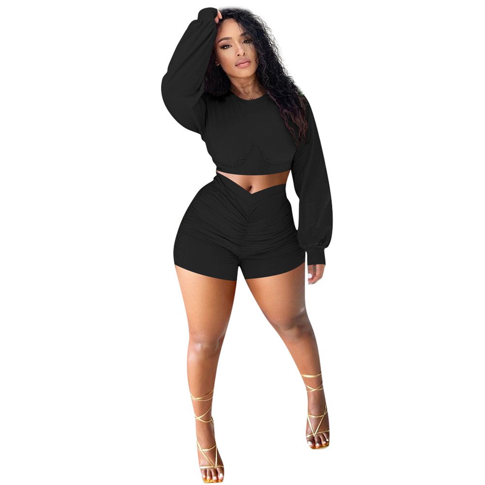 Spring Autumn Tracksuits Women Outfits Plus size 2XL Long Sleeve Pullover Crop Top and Shorts Two Piece Sets Casual Workout Sportswear Solid Sweatsuit