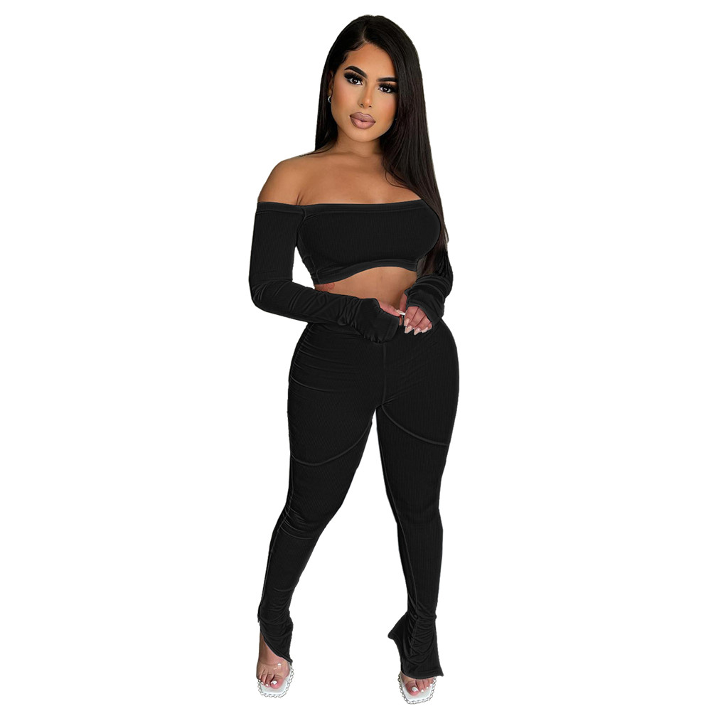 Wholesale Tracksuits Women Two Piece Sets Fall Winter Ribbed Outfits Long Sleeve Slash Neck Pullover Crop Top and Pants Matching Sets Casual Solid Spo