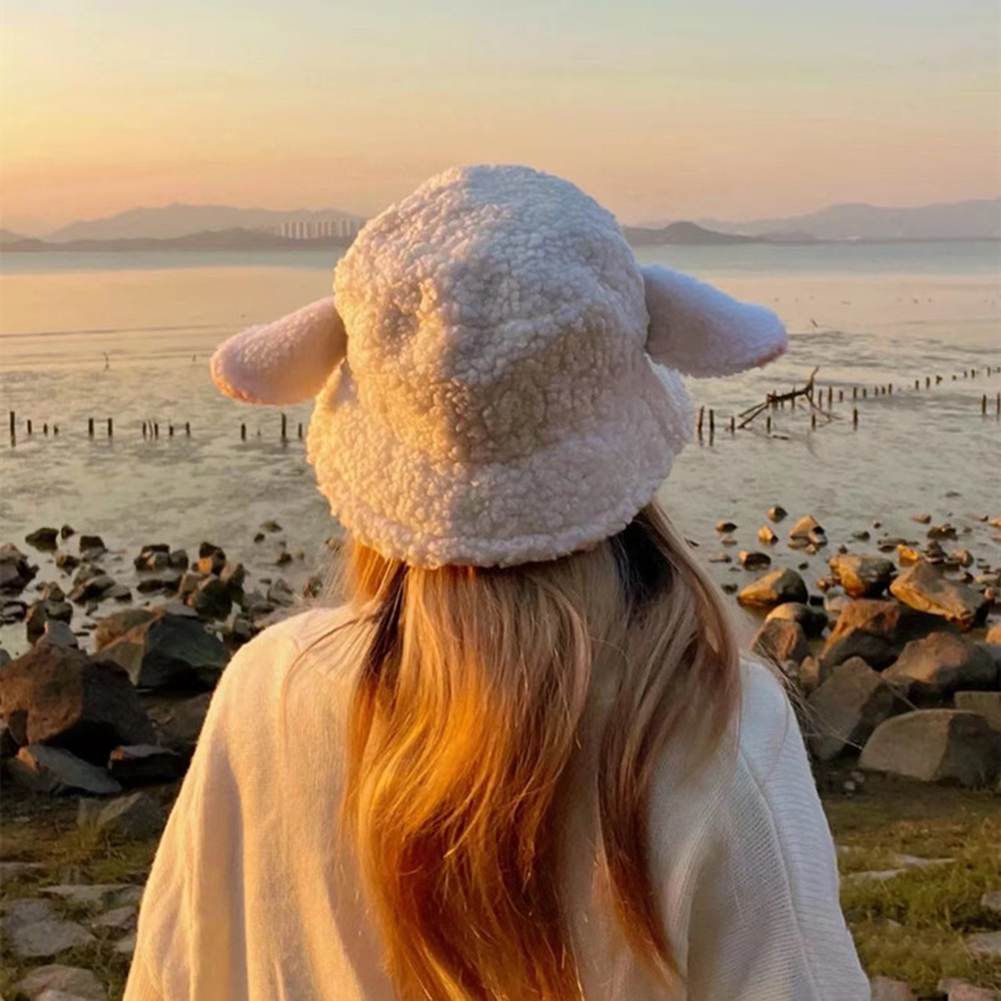 Wide Brim Hats Bucket Women Hat Vintage Winter Sheep Ear Plush Panama For Warm Faux Fur Soft Female Fisherman Sun Trend 230105