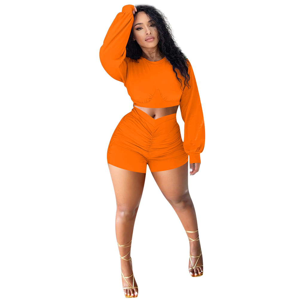Spring Autumn Tracksuits Women Outfits Plus size 2XL Long Sleeve Pullover Crop Top and Shorts Two Piece Sets Casual Workout Sportswear Solid Sweatsuit