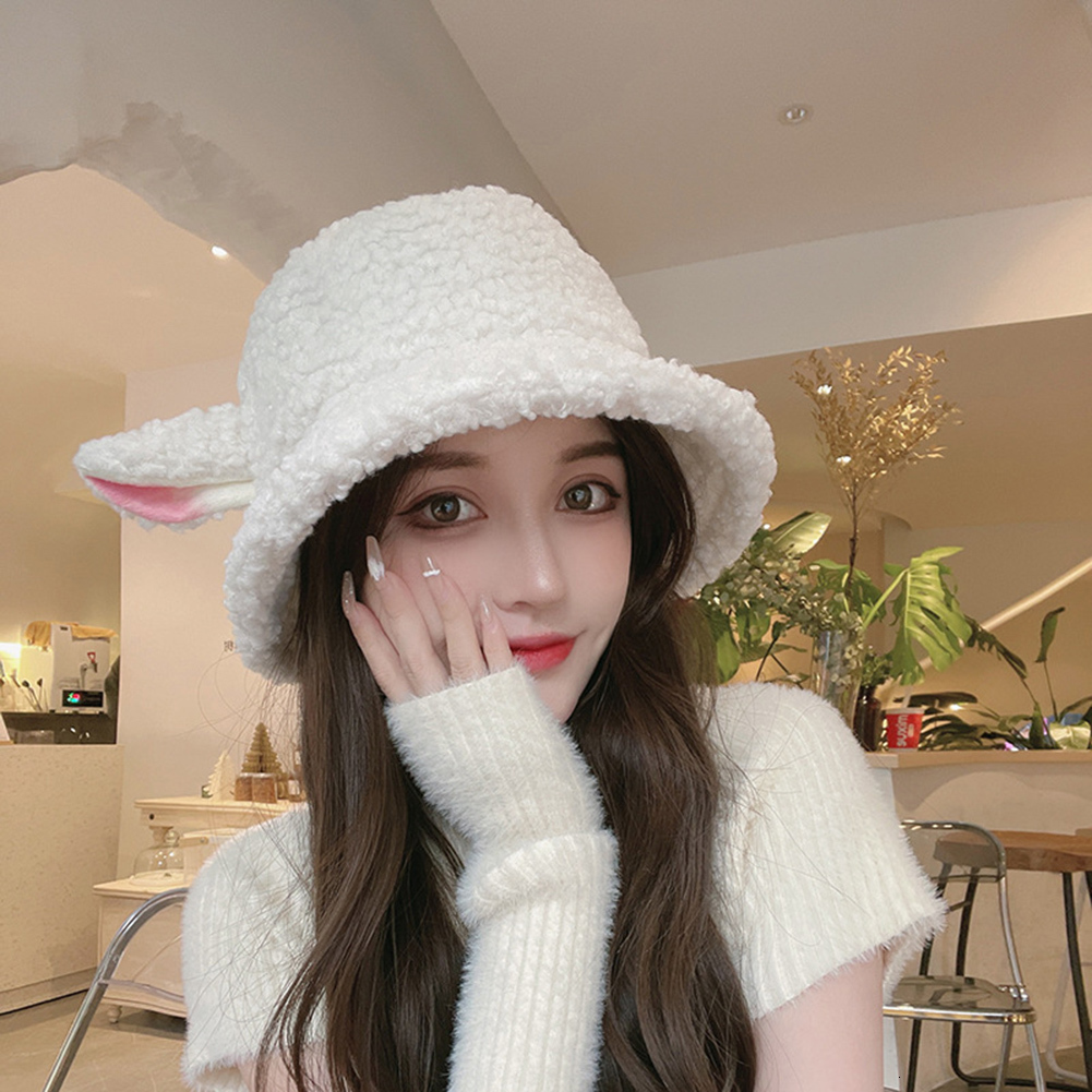 Wide Brim Hats Bucket Women Hat Vintage Winter Sheep Ear Plush Panama For Warm Faux Fur Soft Female Fisherman Sun Trend 230105