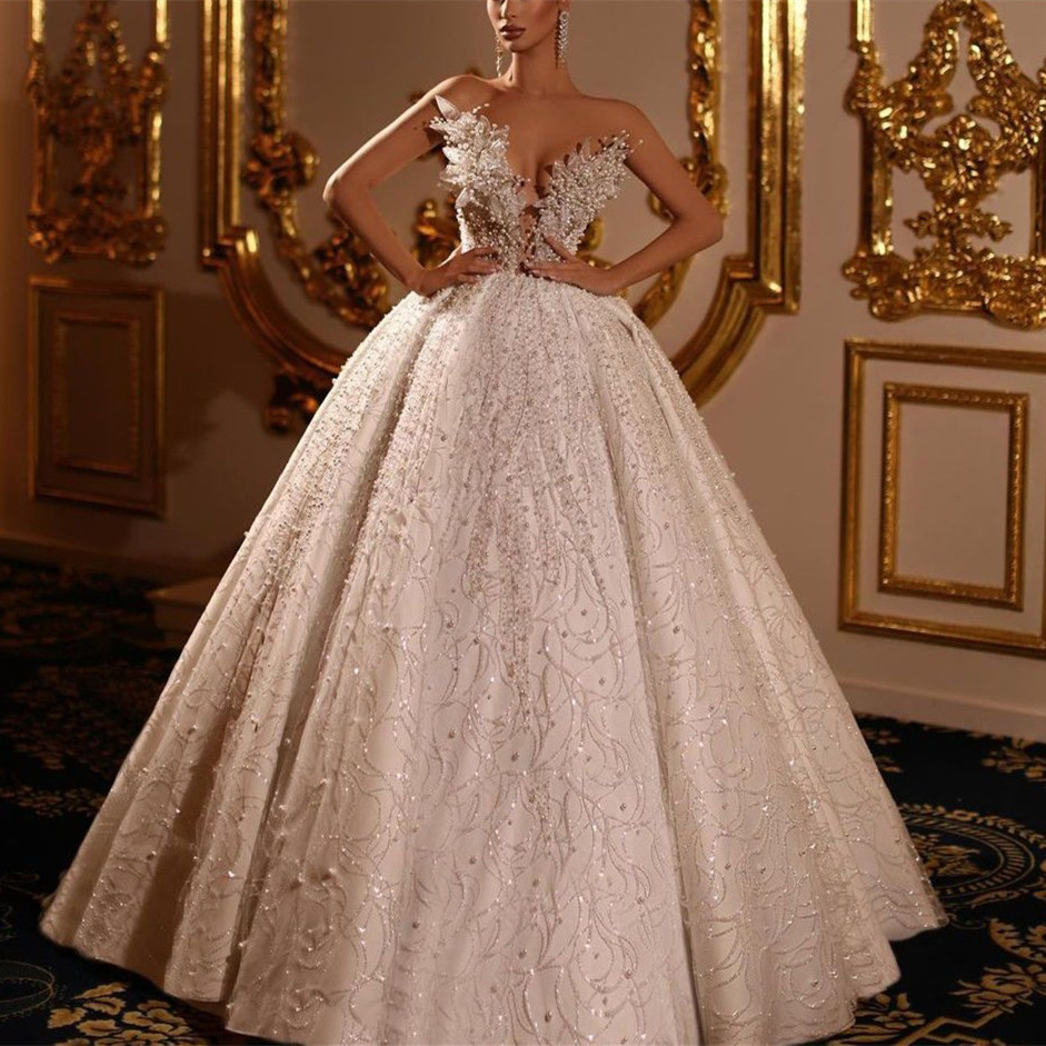 Exquisite Ball Gown Wedding Dresses V Neck Sleeveless Pearls Beaded Applique Sequins 3D Lace Ruffles Celebrity Sparkly Plus Size Formal Bridal Gowns C