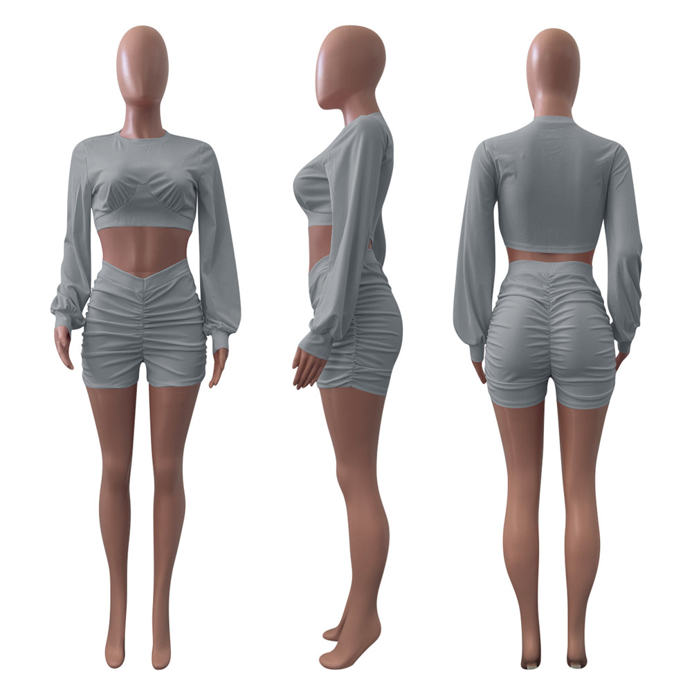 Spring Autumn Tracksuits Women Outfits Plus size 2XL Long Sleeve Pullover Crop Top and Shorts Two Piece Sets Casual Workout Sportswear Solid Sweatsuit