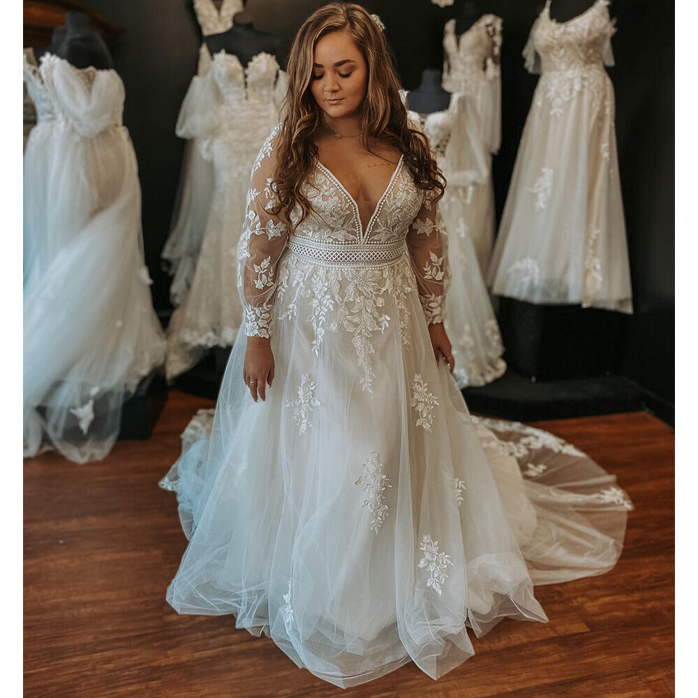 Plus Size Princess A-Line Wedding Dresses with Long Sleeve 2023 Lace Applique Floral Cathedral Train County Boho Bridal Gowns Vestidos de novia