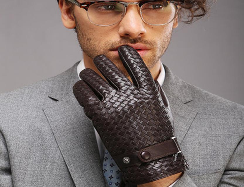 Gloves Fashion for Men New Highend Weave Genuine LeatherSolid Wrist Sheepskin Glove Man Winter Warmth Driving15193242