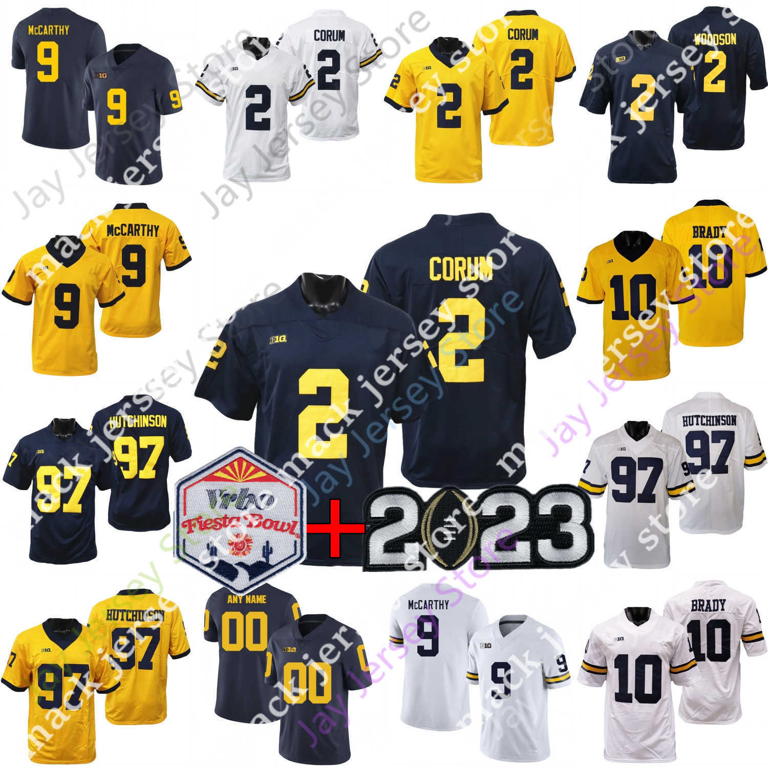 2023 Playoff Fiesta Bowl Football Jersey NCAA College Aidan Hutchinson Tom Brady Charles Woodson Cade Blake Corum McCarthy, Navy with 2 patches 
2023 Playoff Fiesta Bowl Football Jersey NCAA College Aidan Hutchinson Tom Brady Charles Woodson Cade Blake Corum McCarthy, Navy with 2 patches
