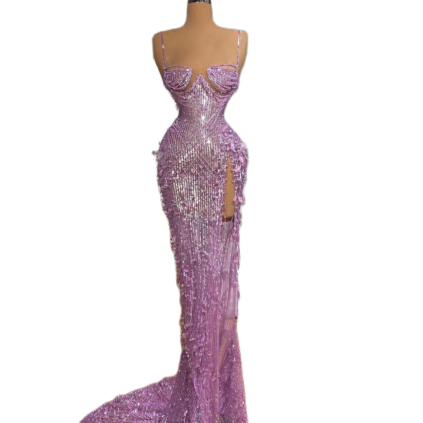 Evening Dress 2023 Long Lace Appliques Flowers Mermaid Prom Gowns Women High Split Purple Special Occasion Dresses