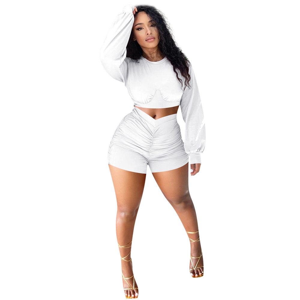 Spring Autumn Tracksuits Women Outfits Plus size 2XL Long Sleeve Pullover Crop Top and Shorts Two Piece Sets Casual Workout Sportswear Solid Sweatsuit