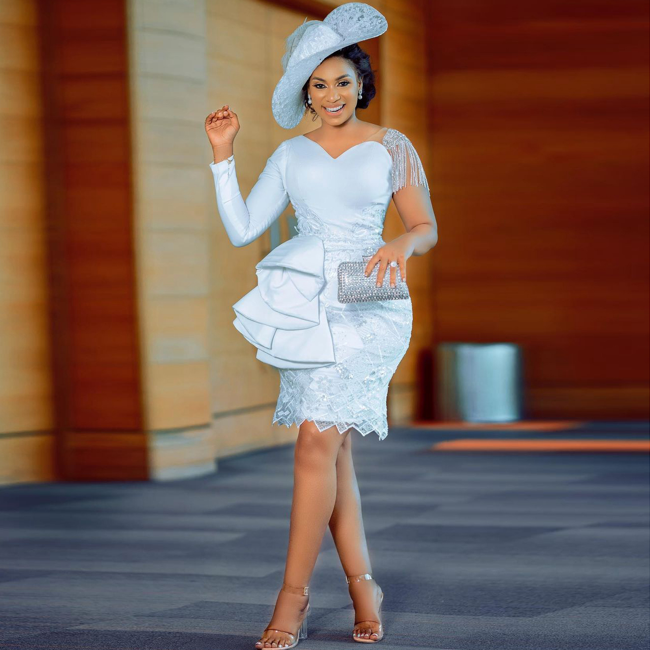 Modest Ice Blue Short Mother Dresses with Long Sleeve Lace Ruffled Tassels Aso Ebi Arabic Mother Of bride Occasion Gown