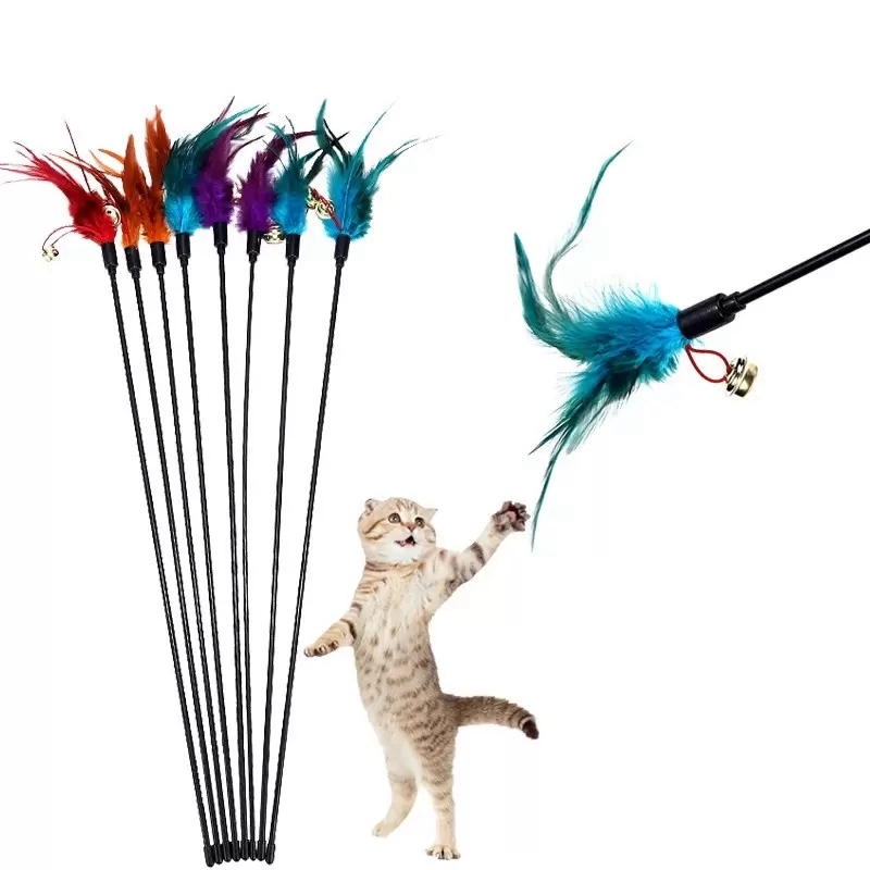 Cat Toys Feather Kitten Teaser Turkey Feathers Interactive Stick Toy Wire Chaser Wand Random Color