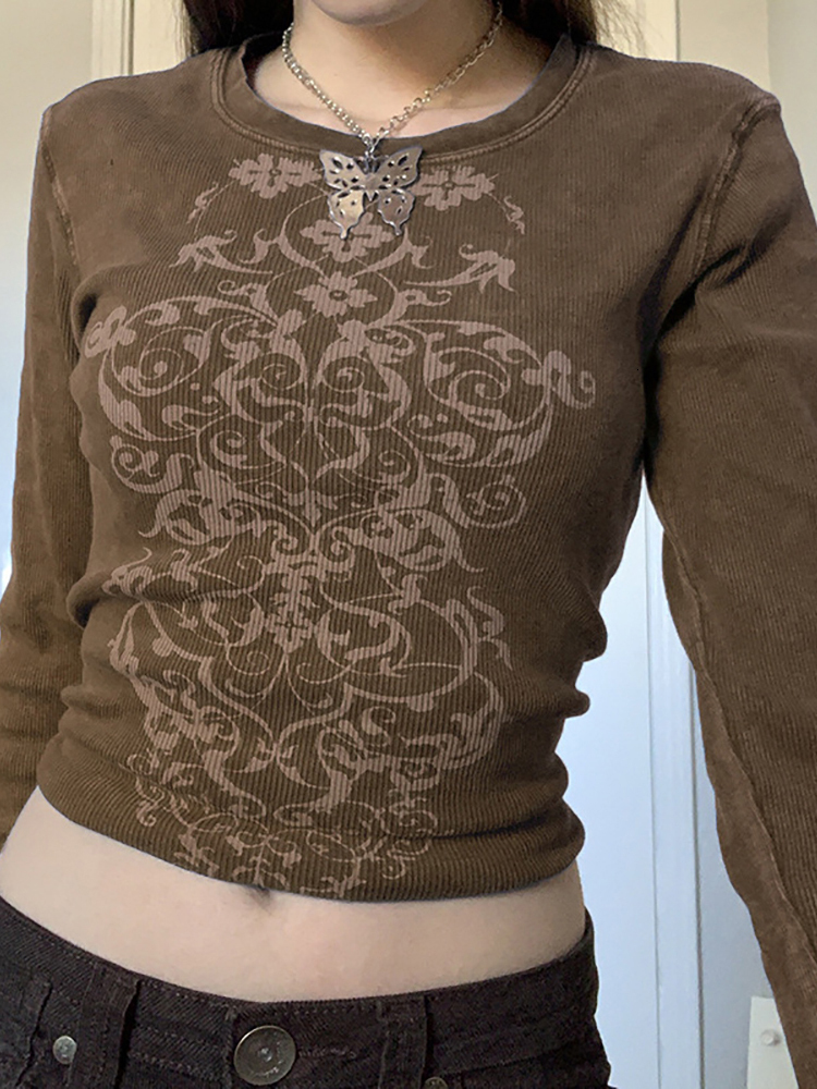 Women s T Shirt Goth Dark Casual Gothic Vintage Printing Women T shirts Grunge E girl Long Sleeve Punk Cropped Tops Bodycon Ribbed Autumn Tees 230106