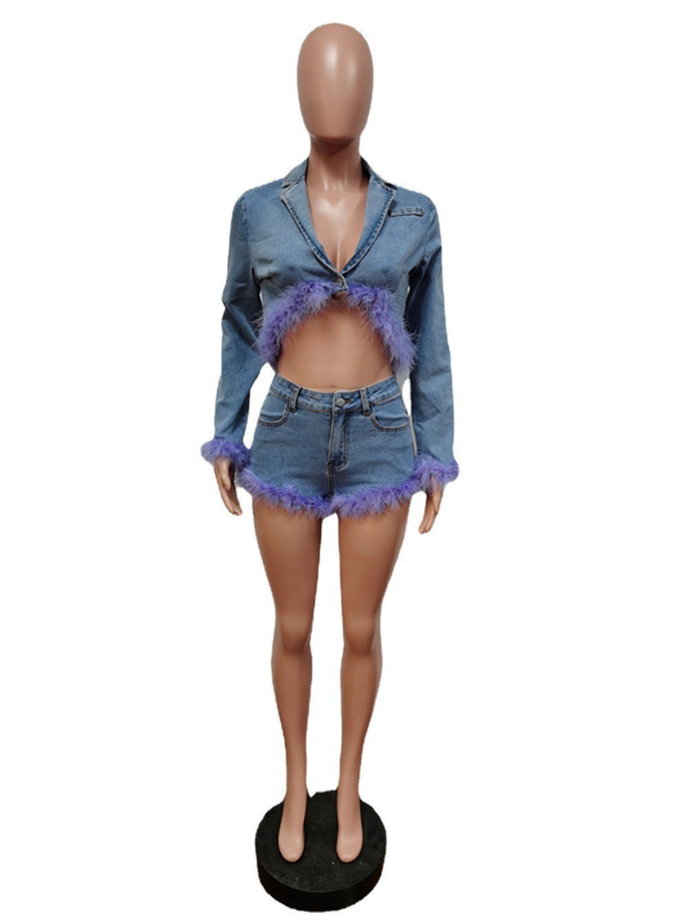 Women s Two Piece Pants Denim Fur Cropped Jacket Pant Sets Winter Fall Women Elegant Outfits Short Jean Jackets 2 s Set 230106