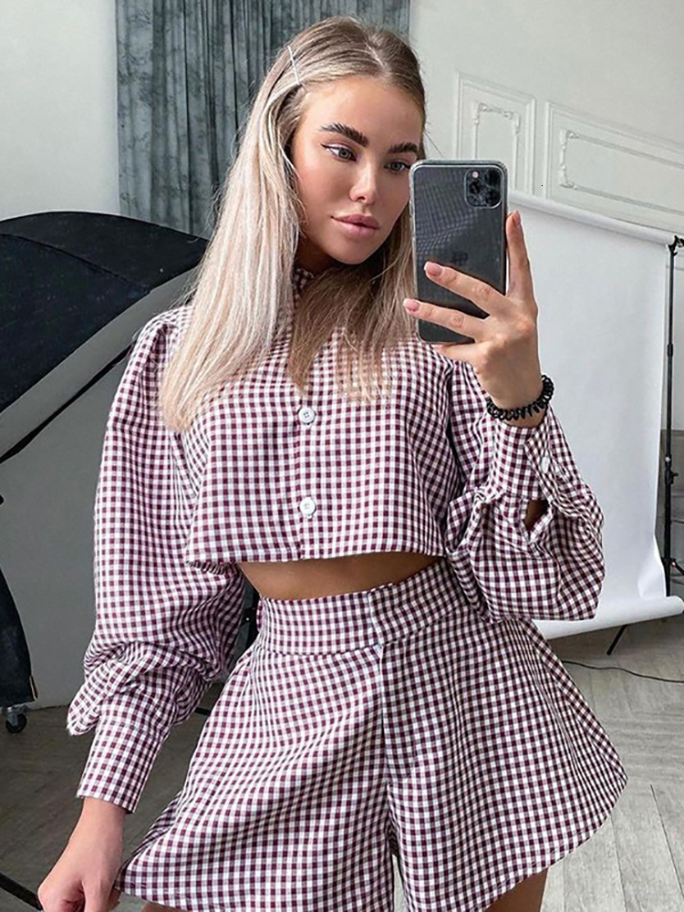 Women s Two Piece Pants Taruxy OL Outfit s Set Plaid Long Sleeve Shirts High Wasit Wide Legs Shorts Elegant Korte Suits 2 230106