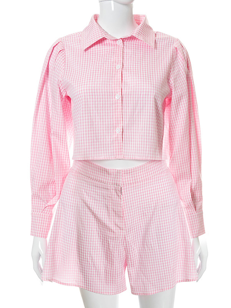 Women s Two Piece Pants Taruxy OL Outfit s Set Plaid Long Sleeve Shirts High Wasit Wide Legs Shorts Elegant Korte Suits 2 230106