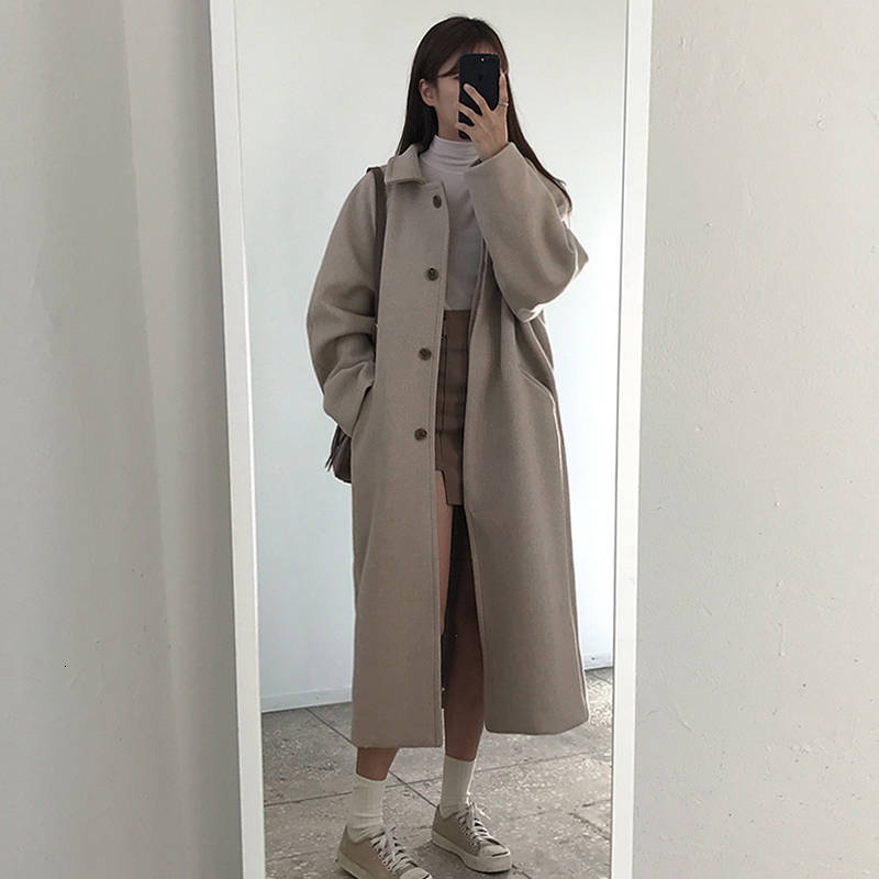 Women's Thick Winter Wool Blend Long Coat - Casual Apricot Korean Style O-Neck Pockets Mid-Length Warm Parka B1