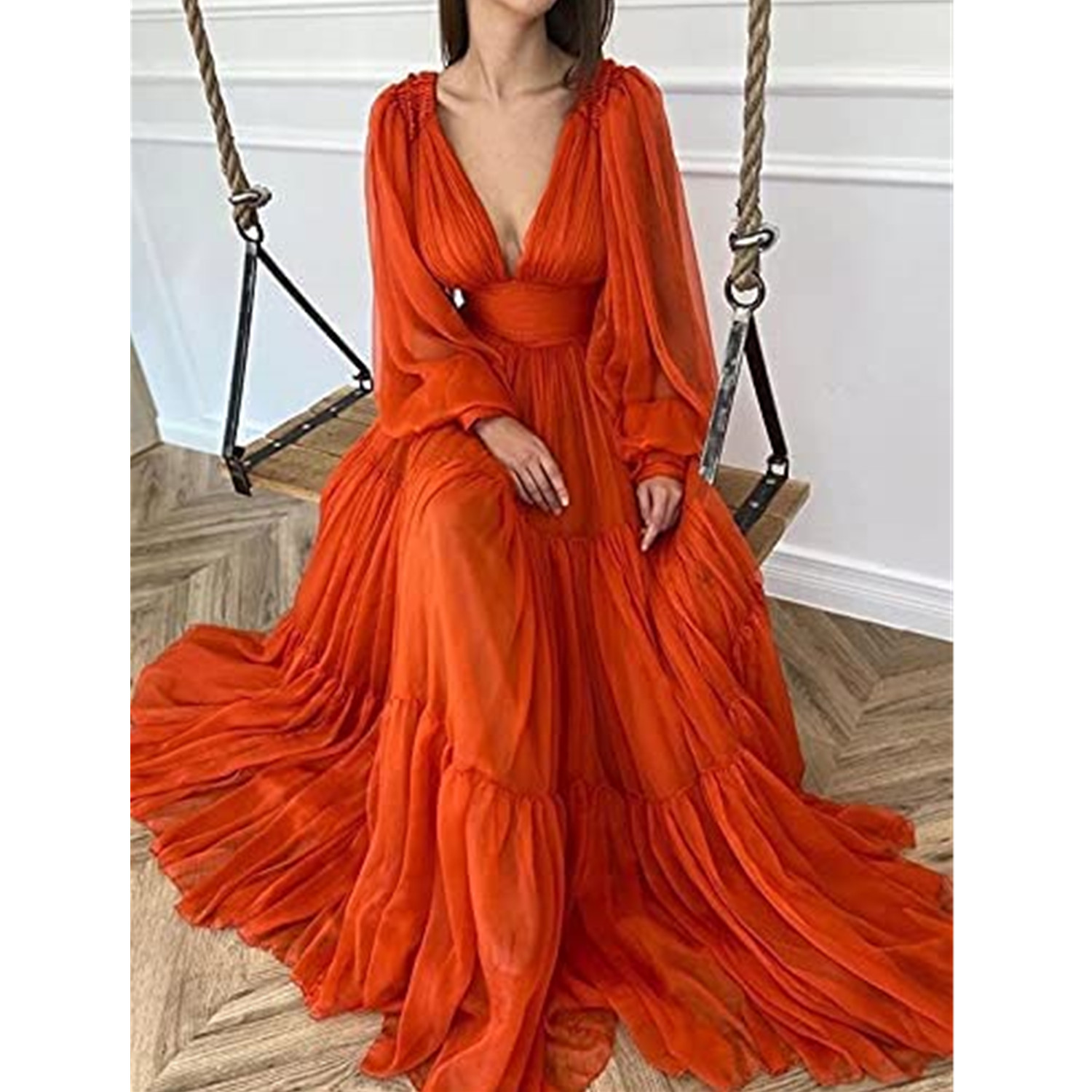 Puffy Sleeves Chiffon Prom Dresses Chic V Neck Sexy Backless Evening Dresses Party Gowns Fishtail Beach Bridesmaid Holiday Ball Gown