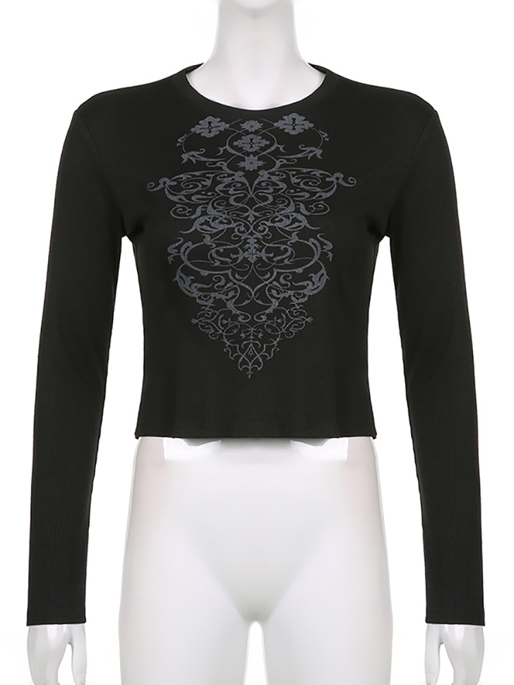 Women s T Shirt Goth Dark Casual Gothic Vintage Printing Women T shirts Grunge E girl Long Sleeve Punk Cropped Tops Bodycon Ribbed Autumn Tees 230106