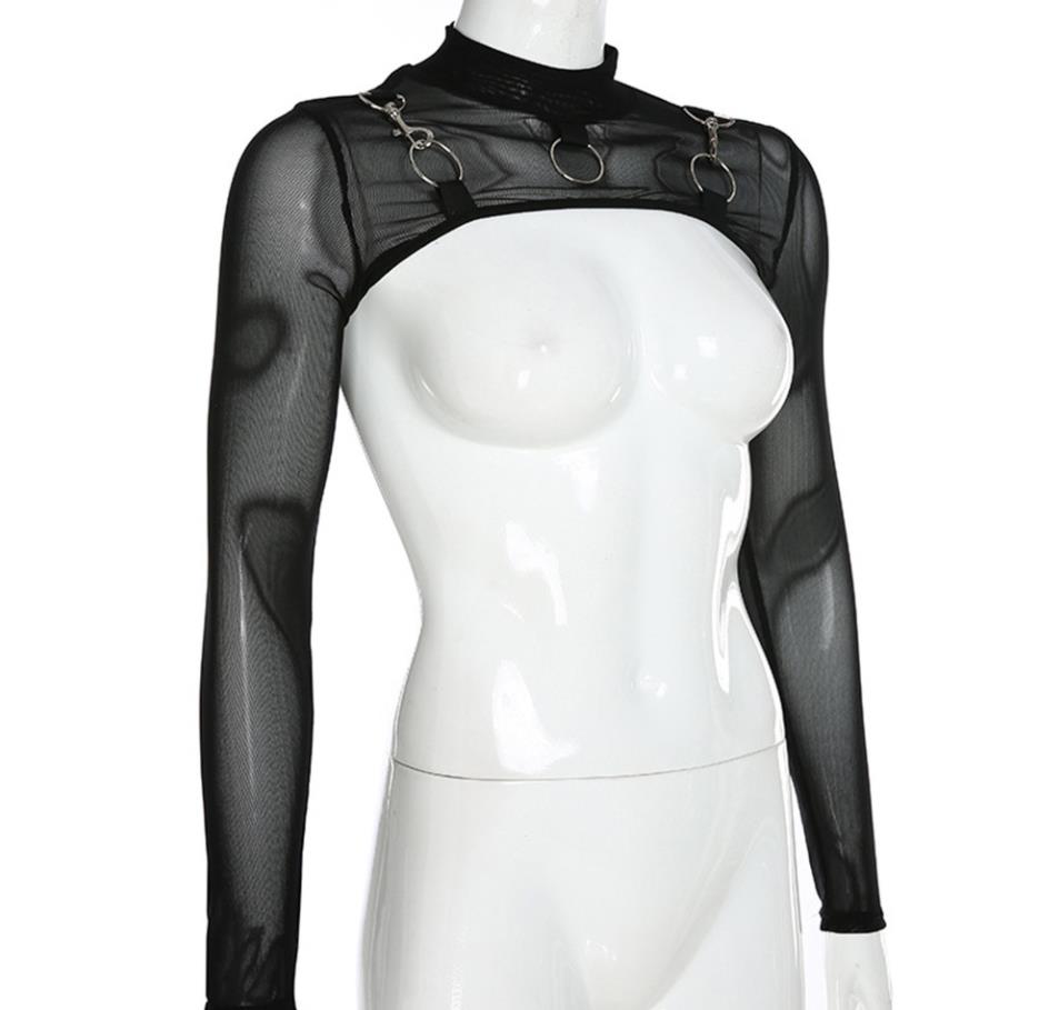 Women's T-Shirt Mock Neck Long Sleeve Slim Fit Sheer Mesh Crop Shirt Top Punk Style See Through Shrug Fishnet Cover Ups with Metal Rivet Black