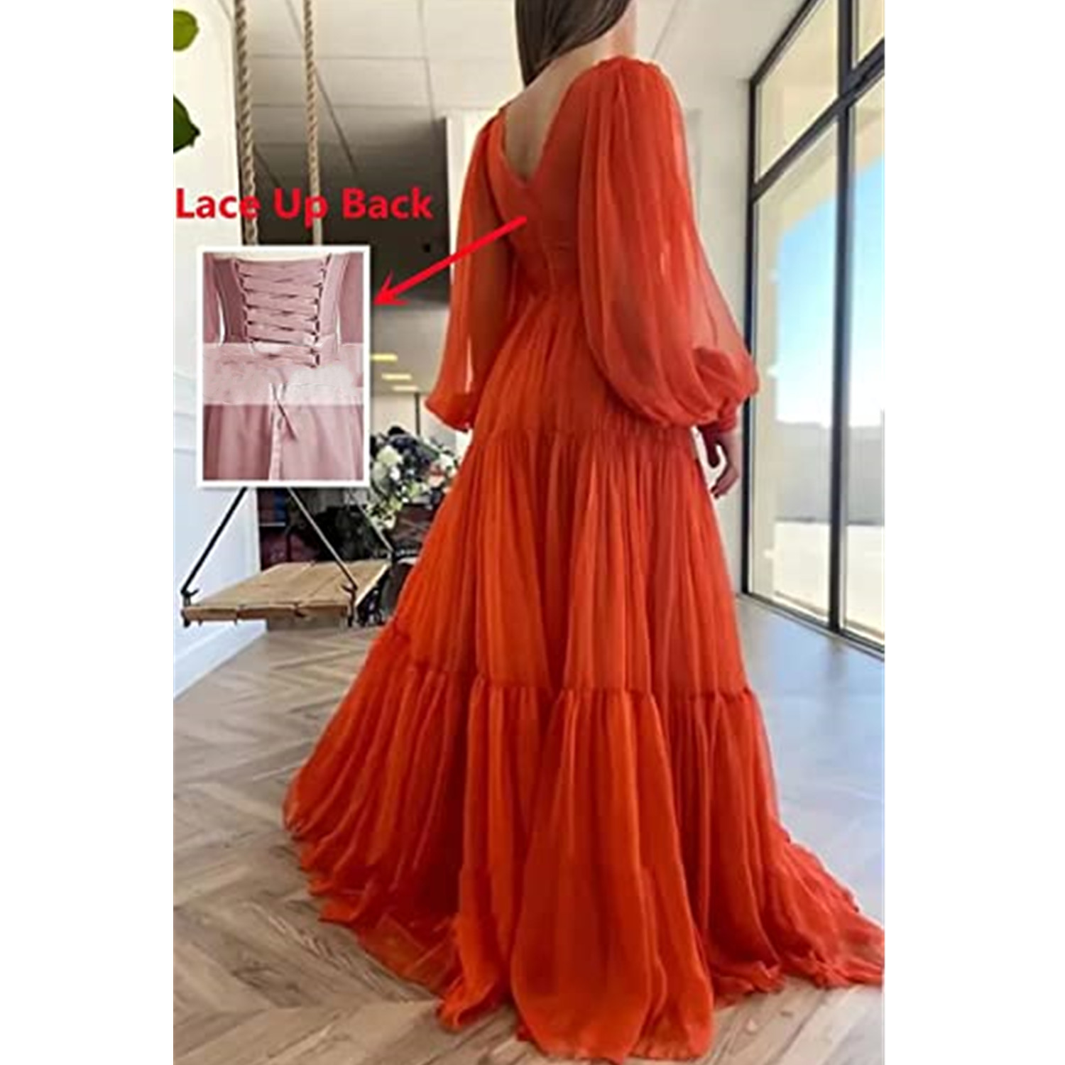 Puffy Sleeves Chiffon Prom Dresses Chic V Neck Sexy Backless Evening Dresses Party Gowns Fishtail Beach Bridesmaid Holiday Ball Gown