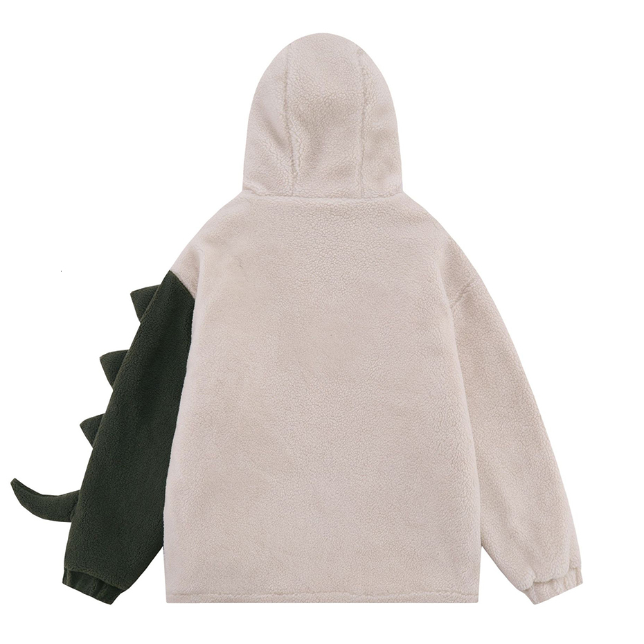 Men s Down Parkas Hooded Fleece Lambswool Jacket Men Vintage Dinosaur Patchwork Streetwear Winter Coats Warm Thicken Unisex 230106