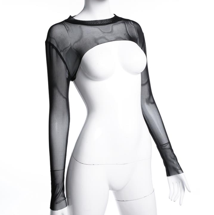 Women's T-Shirt Mock Neck Long Sleeve Slim Fit Sheer Mesh Crop Shirt Top Punk Style See Through Shrug Fishnet Cover Ups with Metal Rivet Black