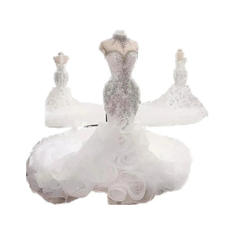 Plus Size Arabic Beaded Crystals Mermaid Wedding Dresses Aso Ebi Luxurious 2023 High Neck Bridal Cascading Ruffles Skirts Chapel Train Bridal Party We