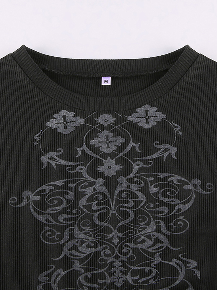 Women s T Shirt Goth Dark Casual Gothic Vintage Printing Women T shirts Grunge E girl Long Sleeve Punk Cropped Tops Bodycon Ribbed Autumn Tees 230106