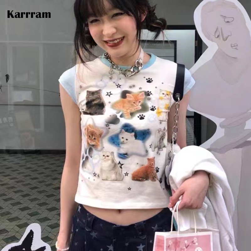 Women s T Shirt Karrram Y2k Aesthetics Tops Japanese Harajuku T shirt 2000s Kawaii Cat Print Short Sleeve Tee Shirts Fairycore Patchwork Tshirt 230106