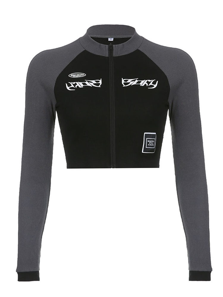 Women s T Shirt Weekeep Punk Style Stitched Crop Top Zip Up Skinny Long Sleeve T shirt Streetwear Casual Slim Fit Tee Basic Lady Clothing 230106