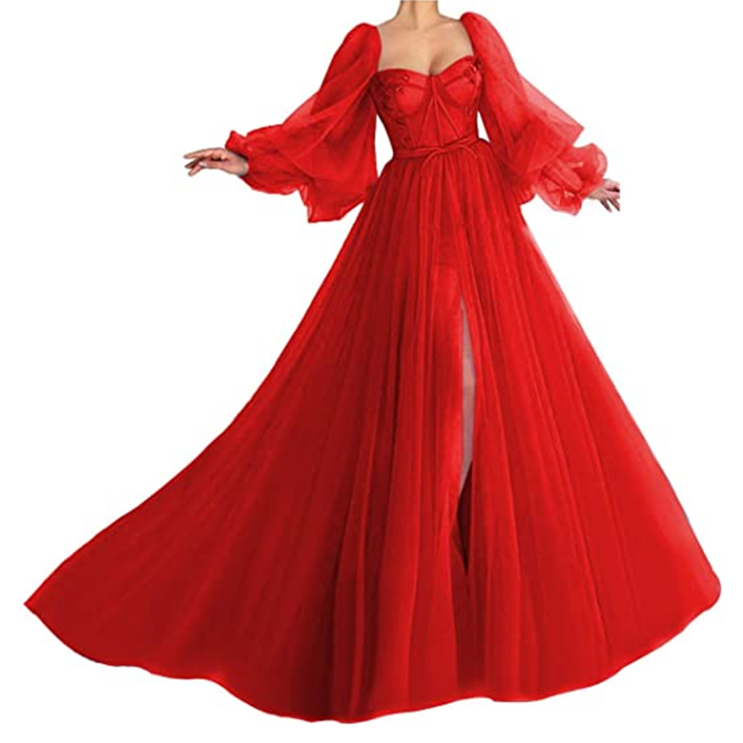 Puffy Sleeves Tulle Prom Dresses Chic V Neck Sexy Backless Evening DressFishtail Beach Bridesmaid Holiday Ball Gown Split Prom Gowns