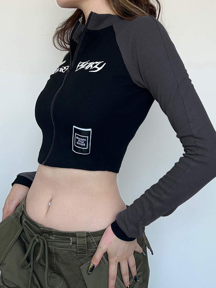 Women s T Shirt Weekeep Punk Style Stitched Crop Top Zip Up Skinny Long Sleeve T shirt Streetwear Casual Slim Fit Tee Basic Lady Clothing 230106