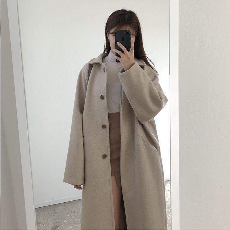 Women's Thick Winter Wool Blend Long Coat - Casual Apricot Korean Style O-Neck Pockets Mid-Length Warm Parka B1