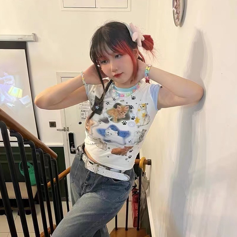 Women s T Shirt Karrram Y2k Aesthetics Tops Japanese Harajuku T shirt 2000s Kawaii Cat Print Short Sleeve Tee Shirts Fairycore Patchwork Tshirt 230106