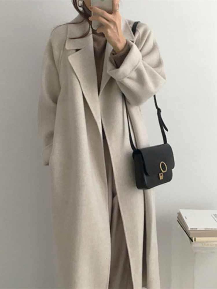 Women's Wool Blends Autumn Winter Casual en Blend Trench Coat Oversize Long With Belt Women Cashmere Outerwear 230106
