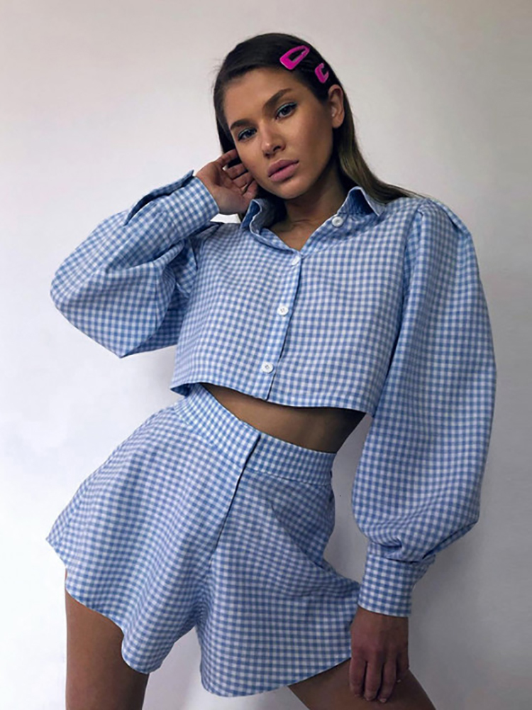 Women s Two Piece Pants Taruxy OL Outfit s Set Plaid Long Sleeve Shirts High Wasit Wide Legs Shorts Elegant Korte Suits 2 230106