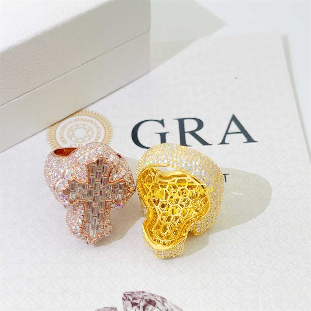 New Arrival Luxury 925 Sterling Silver Iced Out Gold Plated Cross Ring Hip Hop Diamond Moissanite Men Ring